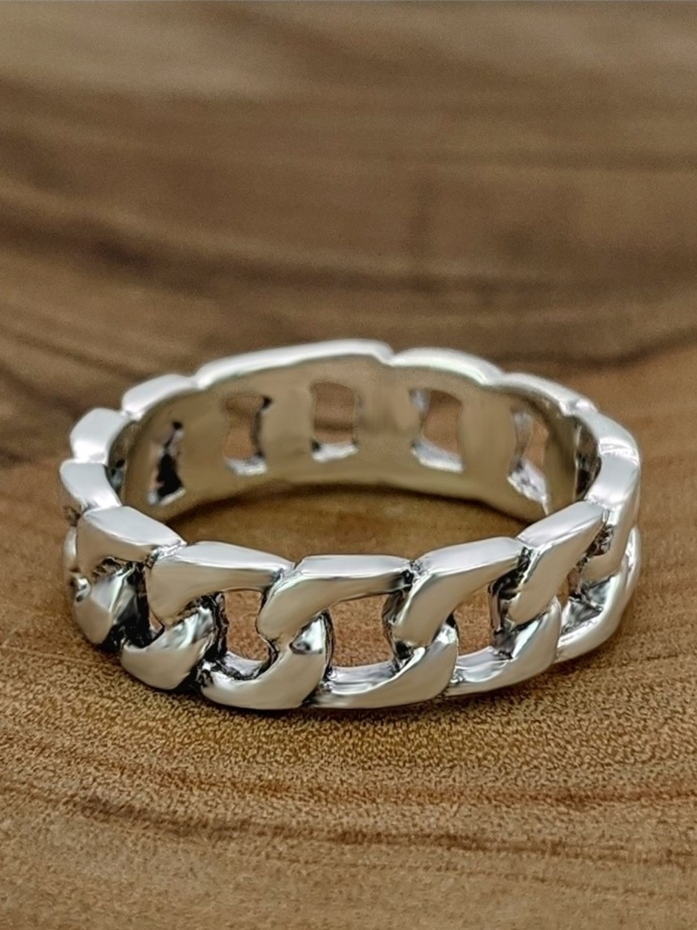 Silver Chain Link Men’s Ring - Polished Silver Band Classic Cuban Link Stacking